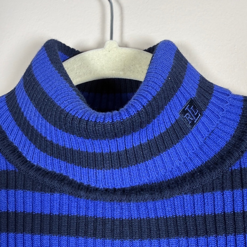 LAUREN RALPH LAUREN Vintage Y2K  Blue /Navy Striped Ribbed Turtleneck Preppy - Picture 2 of 7